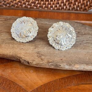 VTG Western Engraved Cufflinks Silver Tone Concho Cowboy Rodeo